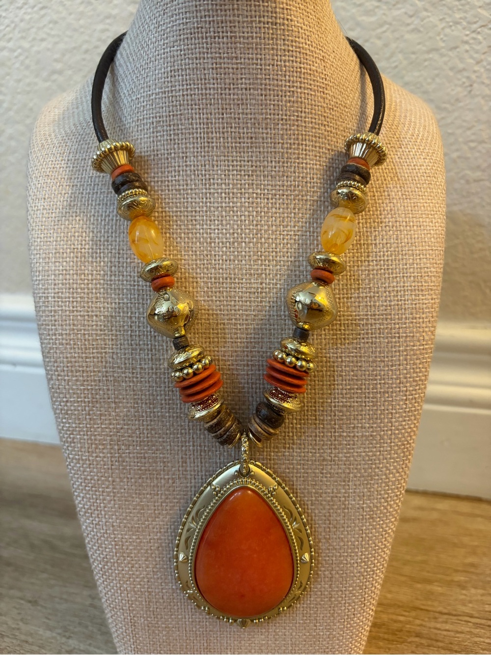 Chico's Gold-Tone Necklace with Orange Teardrop Pendant